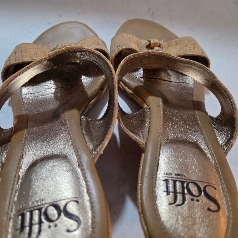 Sofft Cork Leather Gold Speckled Wedge Slip-On Sandals Coastal Boho Sz 7.5 - Picture 8 of 12